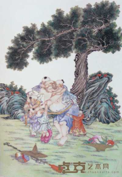 民国 粉彩童子戏弥勒瓷板 高47.5cm